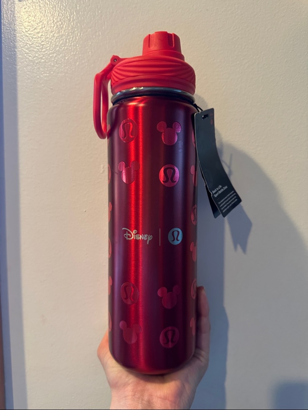 Disney Red Metallic Water Bottle with Pink Mickey Motif